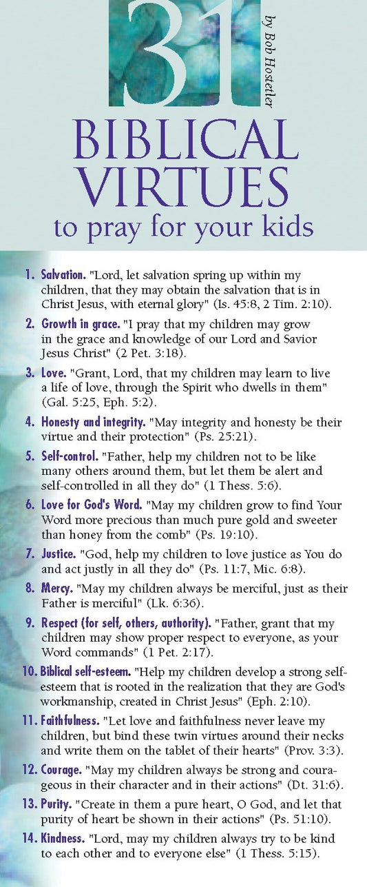 Bookmark-31 Biblical Virtues To Pray For Your Kids (Pack Of 50)