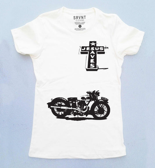 Tee Shirt-Even The Old Biker Dude-Women-Medium-White/Black