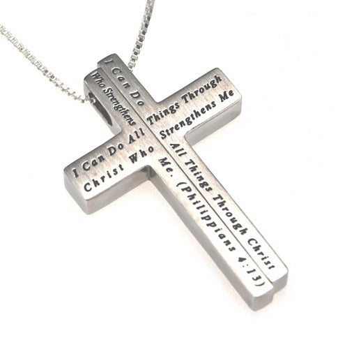Necklace-Iron Cross-Christ My Strength-Silver (Mens)-24" Chain