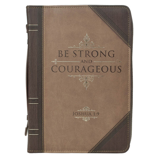 Bible Cover-Be Strong And Courageous (Joshua 1:9)-Portfolio Walnut-Brown/Tan Faux Leather Classic-Large