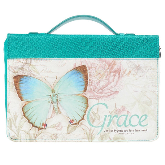 Bible Cover-Grace/Butterfly Blessing (Ephesians 2:8)-Teal Faux Leather Fashion-Large
