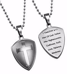 Necklace-Silver R2 Shield Cross-Man Of God (24" Ball Chain)