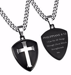 Necklace-Black R2 Shield Cross-Christ My Strength (Mens)-24" Chain