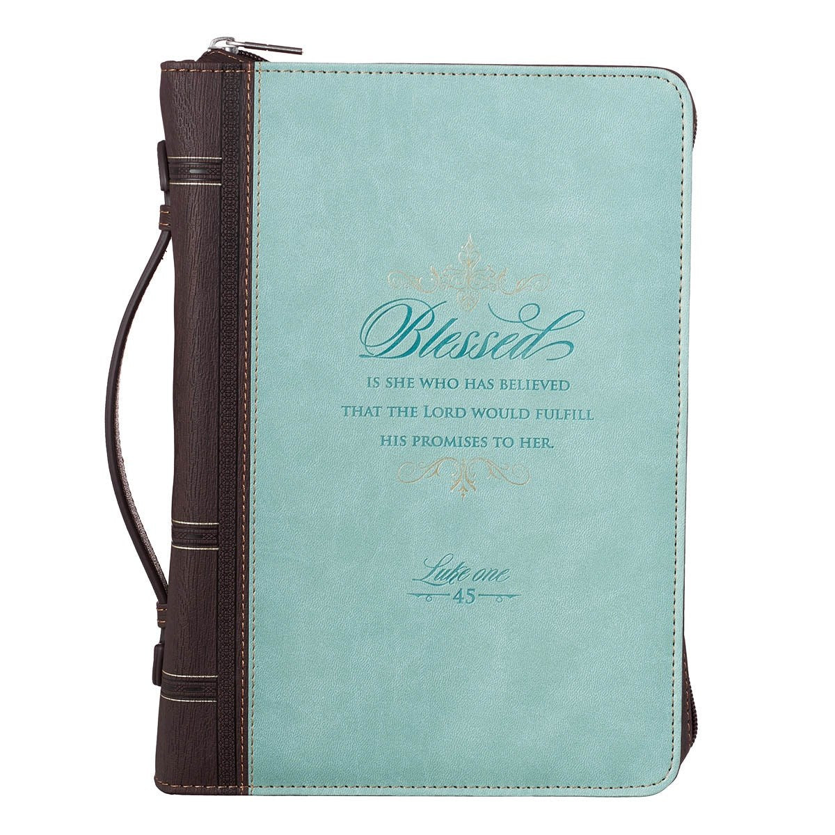 Bible Cover-Blessed Is She (Luke 1:45)-Two-Tone Light Blue/Brown Faux Leather Fashion-Medium