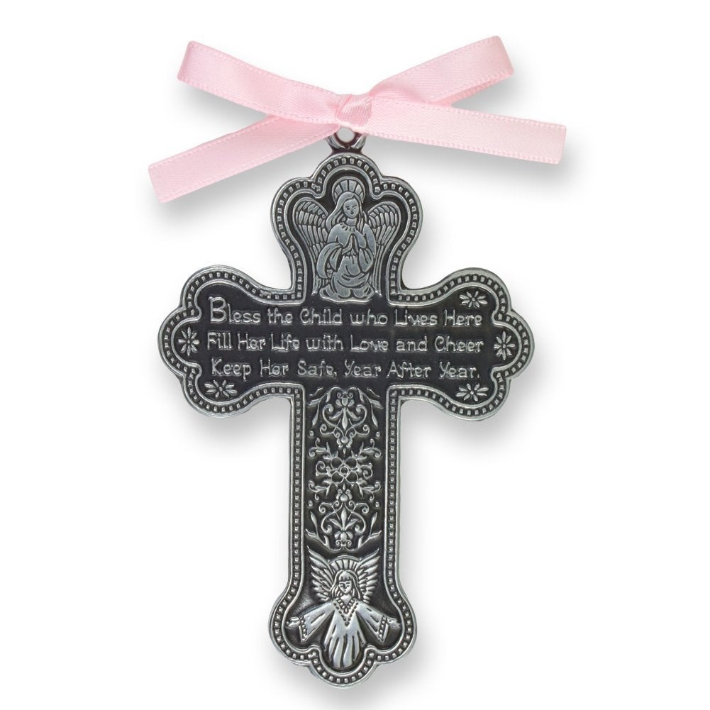 Crib Cross-Bless This Child w/Pink Ribbon-Pewter (Gift Boxed)