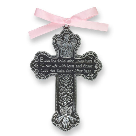 Crib Cross-Bless This Child w/Pink Ribbon-Pewter (Gift Boxed)