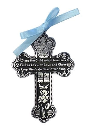 Crib Cross-Bless This Child w/Blue Ribbon-Pewter (Gift Boxed)