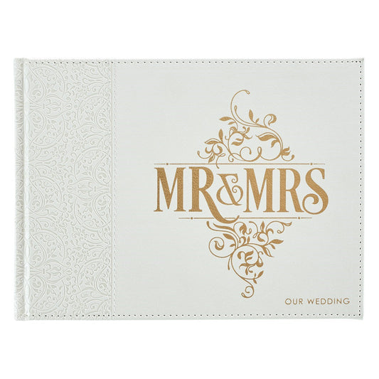 Guest Book-Wedding w/Gift Box-White LuxLeather-Mr. And Mrs. (8.25" x 6")