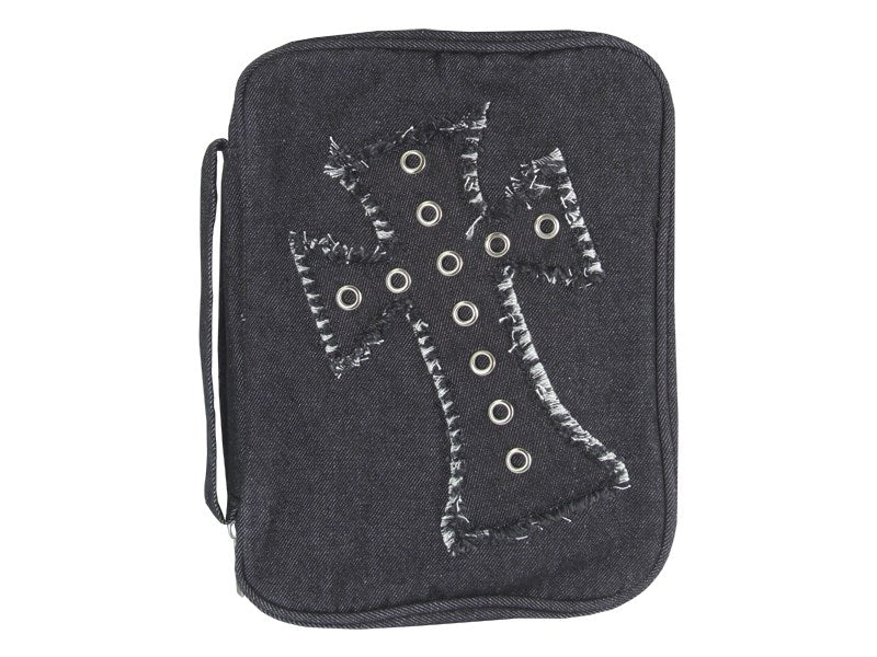 Bible Cover-Denim W/Grommets & Cross Applique-Black-LRG