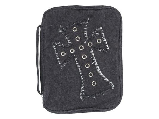 Bible Cover-Denim W/Grommets & Cross Applique-Black-LRG
