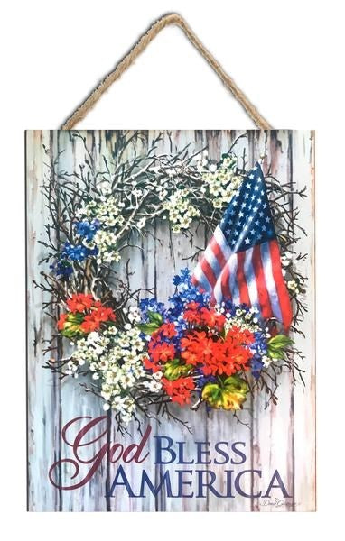 Sign-God Bless America w/Rope Hanger (7.5" x 10")
