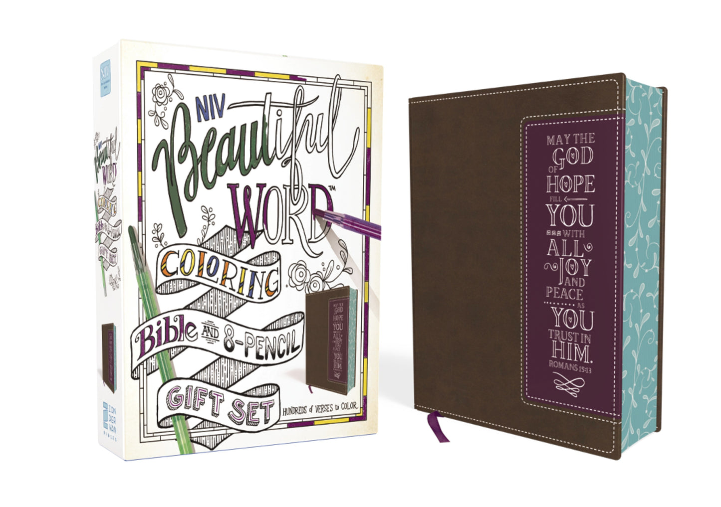 NIV Beautiful Word Coloring Bible And 8-Pencil Gift Set-Brown/Purple Leathersoft