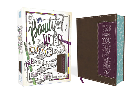 NIV Beautiful Word Coloring Bible And 8-Pencil Gift Set-Brown/Purple Leathersoft