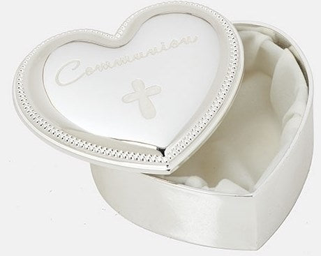 Keepsake Box-First Communion-Heart Shape w/Cross & Beaded Edge (2.5" H)