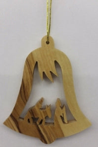 Ornament-Olive Wood-Holy Family In Bell (3")