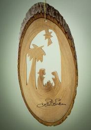 Ornament-Olive Wood-Holy Family In Oval Bark (4" To 6")