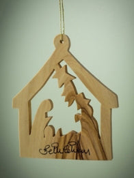 Ornament-Olive Wood-Holy Family In Stable (3")