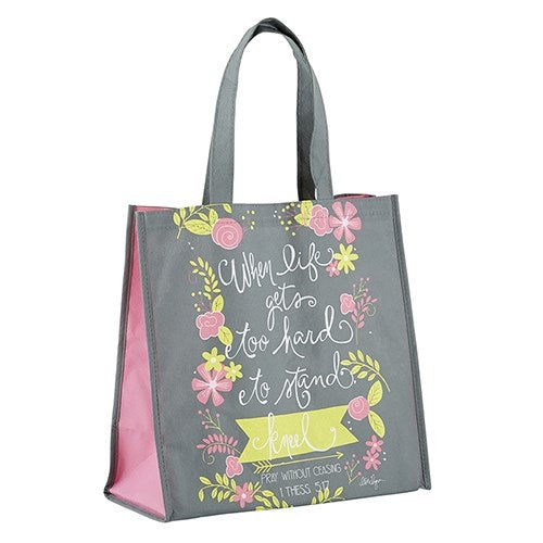 Tote Bag-When Life Gets Too Hard  Kneel-Gray/Pink (13"" Sq/6"" Gusset)  -Nylon