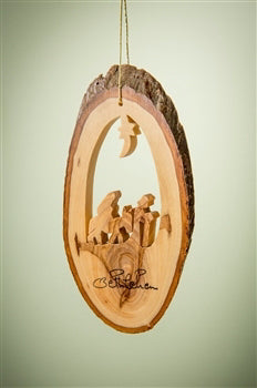 Ornament-Olive Wood-Bark Slice With Flight To Egypt (4" To 6")