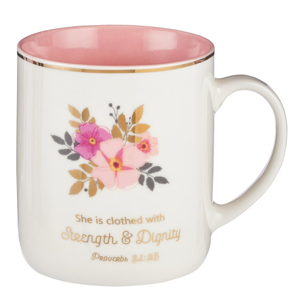 Mug-She Is Clothed With Strength & Dignity w/Gift Box (Proverbs 31:25)-White/Pink (MUG585)