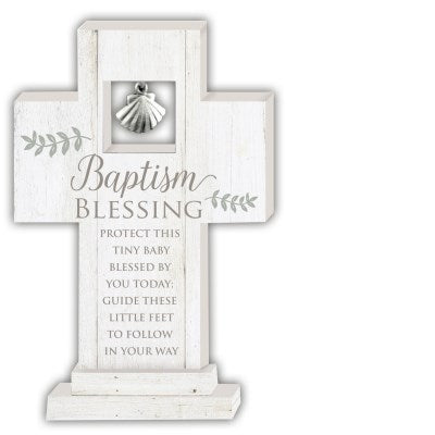 Cross-Baptism w/Metal Shell Motif-Standing (6")