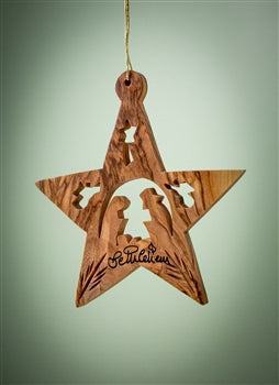 Ornament-Olive Wood-Star With Nativity And Angels (3")