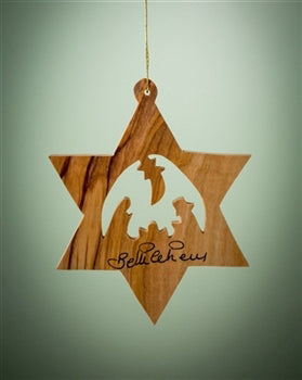 Ornament-Olive Wood-Star Or David Solid With Nativity (3")