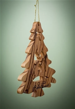 Ornament-Olive Wood-Christmas Tree With Nativity (3.5")
