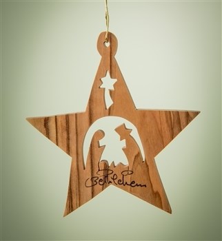 Ornament-Olive Wood-Star With Nativity (3")