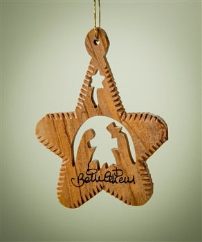 Ornament-Olive Wood-Star With Notched Edge And Nativity (3")