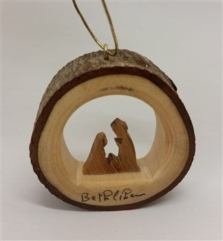 Ornament-Olive Wood-Round Bark With Holy Family (2")