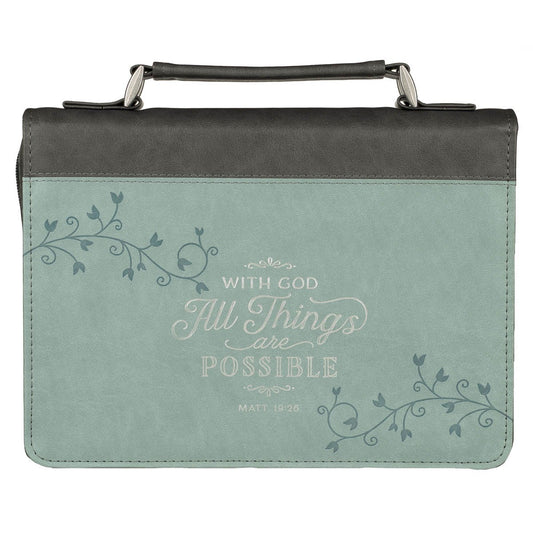Bible Cover-With God All Things Are Possible (Matthew 19:26)-Light Blue Faux Leather Fashion-Medium