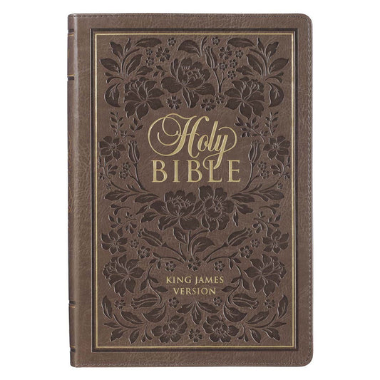 KJV Large Print Thinline Bible-Brown Floral Faux Leather Indexed