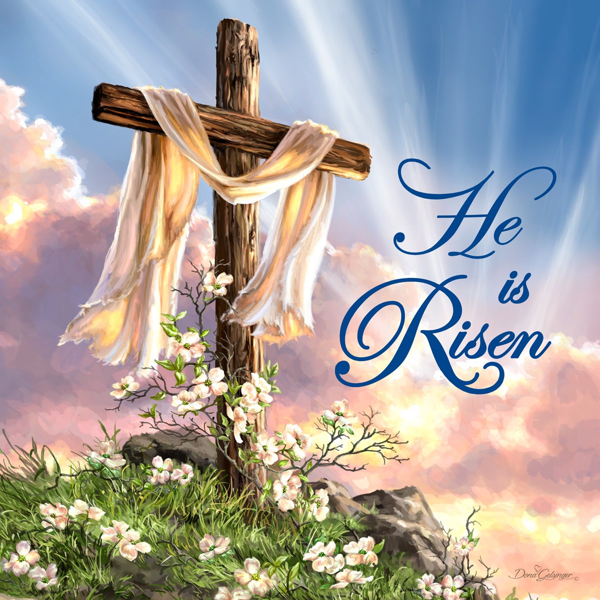 Pizazz Print-He Is Risen/Cross w/Swarovski Crystals (10" x 10")