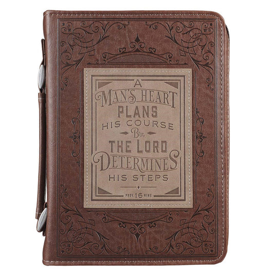 Bible Cover-A Man's Heart Plans His Course (Proverbs 16:9)-Brown Faux Leather Classic-XLarge