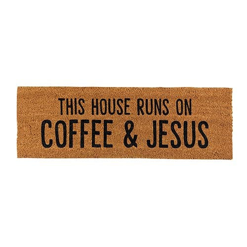 Coir Doormat-This House Runs On Coffee & Jesus (30" x 10")