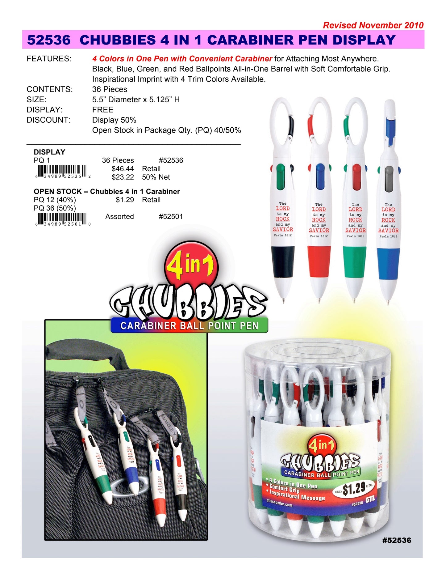 Pen Display-CHUBBIES-4 In 1 Carabiner (Trim Colors Vary) (Pack Of 36)