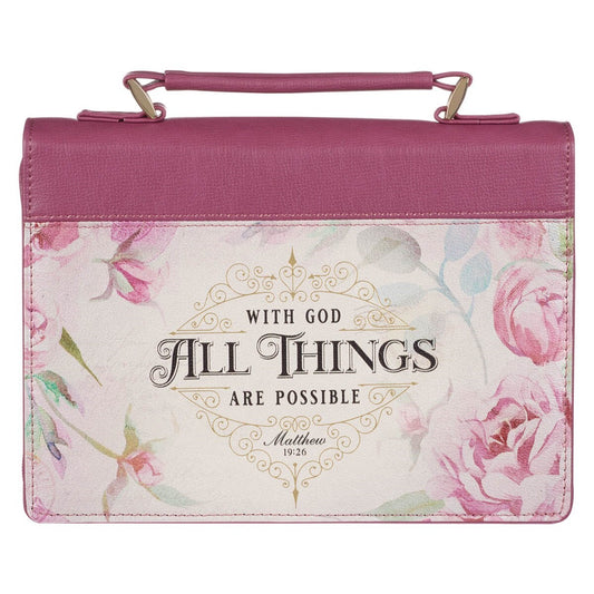 Bible Cover-With God All Things Are Possible (Matthew 19:26)-Vintage Dusty Rose Faux Leather Fashion-Large