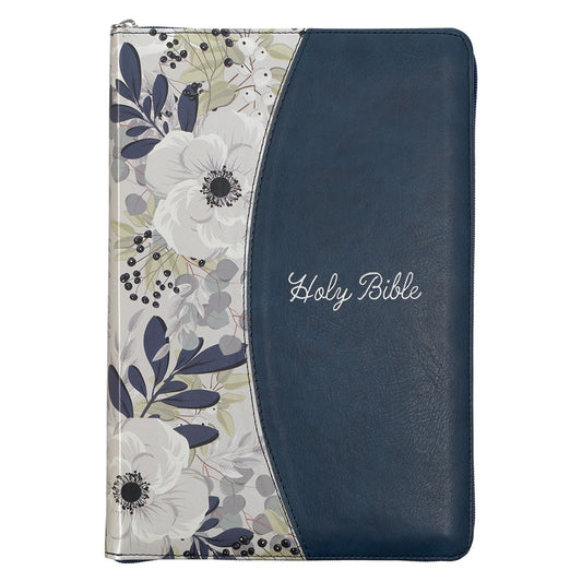 KJV Large Print Thinline Bible-Blue Pearlized Floral Faux Leather Indexed w/ Zipper