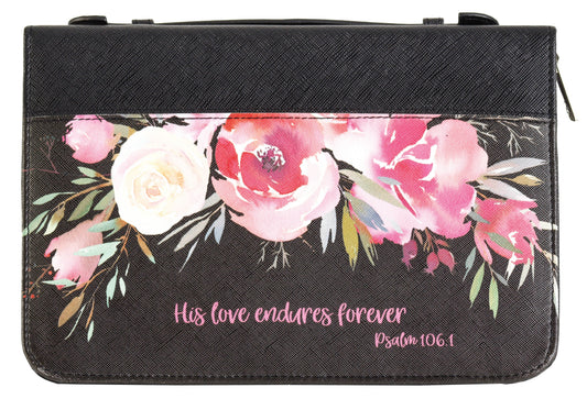 Bible Cover-His Love Endures Forever-Black/Floral-LRG