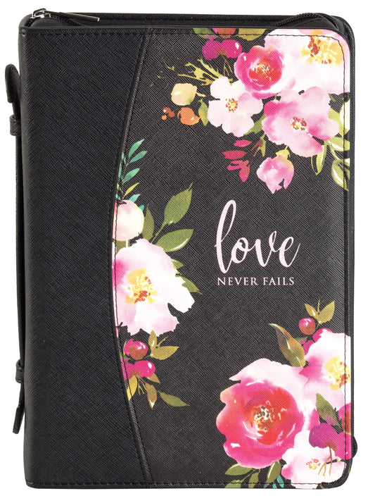 Bible Cover-Love Never Fails-Black/Floral-LRG
