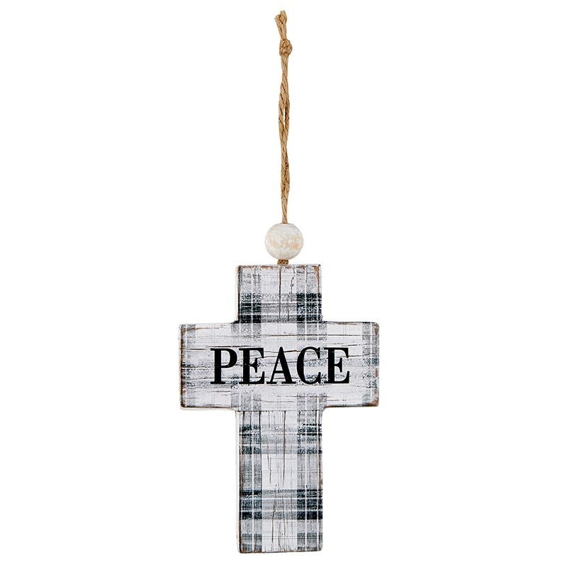 Hanging Cross-Peace-Black Plaid w/Jute Hanger (7")