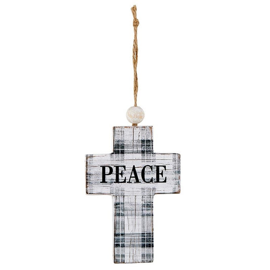 Hanging Cross-Peace-Black Plaid w/Jute Hanger (7")