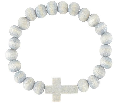 Bracelet-Wood Bead w/Cross-Stretch-Grey (7.5")