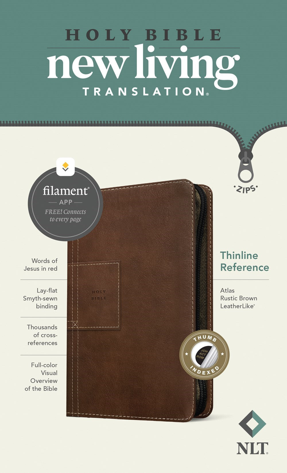 NLT Thinline Reference Zipper Bible  Filament Enabled Edition-Atlas Rustic Brown LeatherLike Indexed