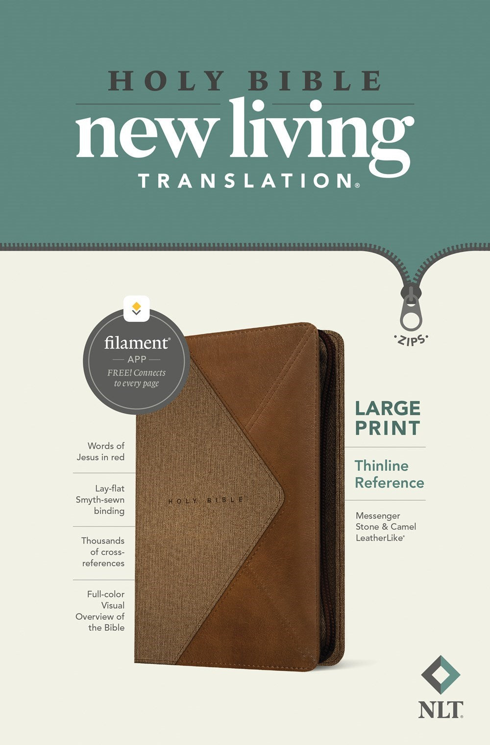 NLT Large Print Thinline Reference Zipper Bible  Filament Enabled Edition-Messenger Stone & Camel LeatherLike