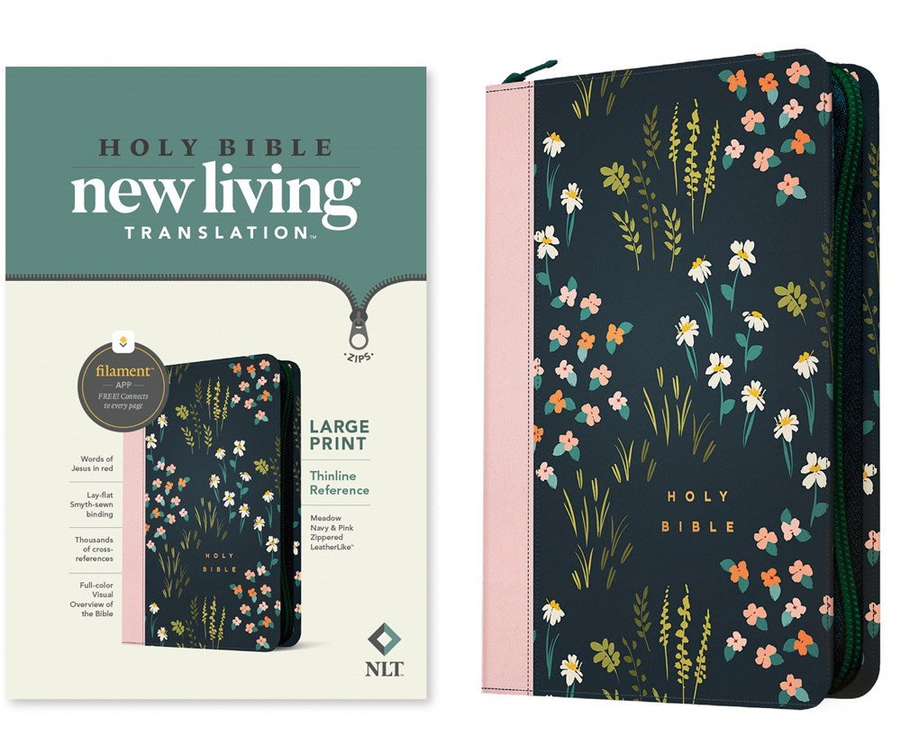NLT Large Print Thinline Reference Zipper Bible  Filament Enabled Edition-Meadow Navy & Pink LeatherLike