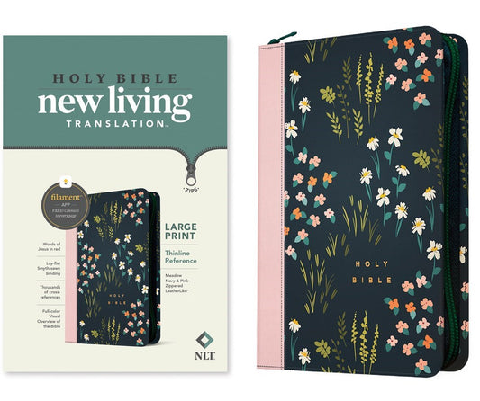 NLT Large Print Thinline Reference Zipper Bible  Filament Enabled Edition-Meadow Navy & Pink LeatherLike