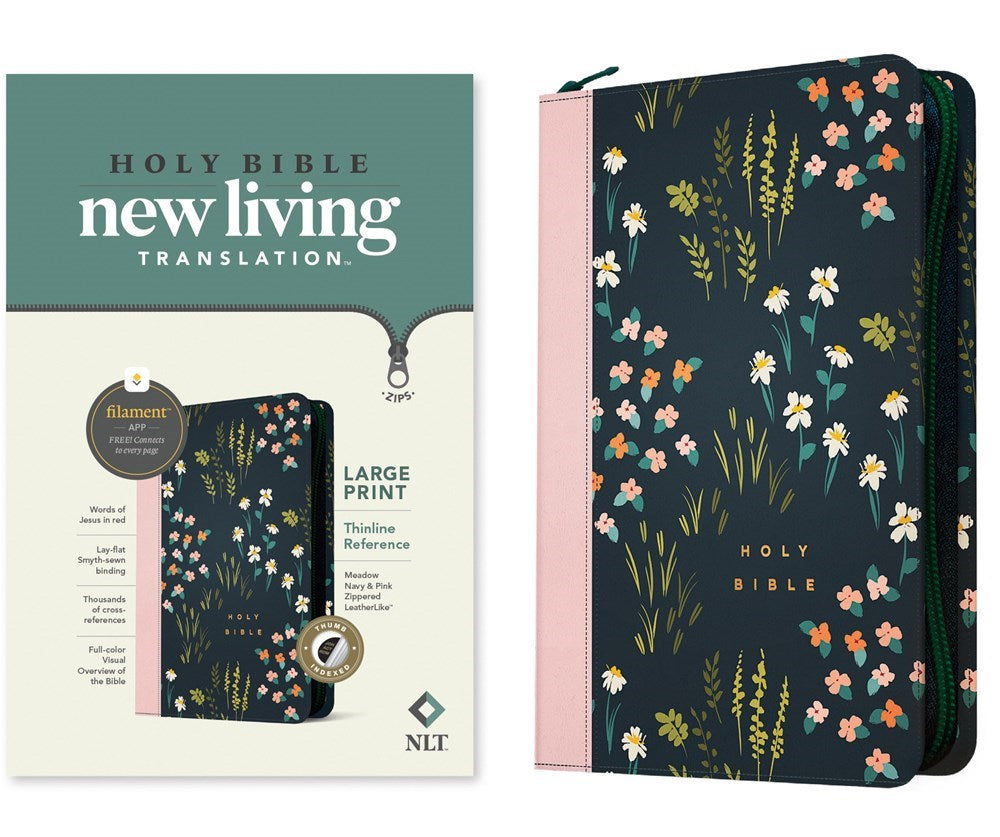 NLT Large Print Thinline Reference Zipper Bible  Filament Enabled Edition-Meadow Navy Pink LeatherLike Indexed