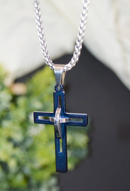 Necklace-Cross Necklace-Blue/Silver (24")